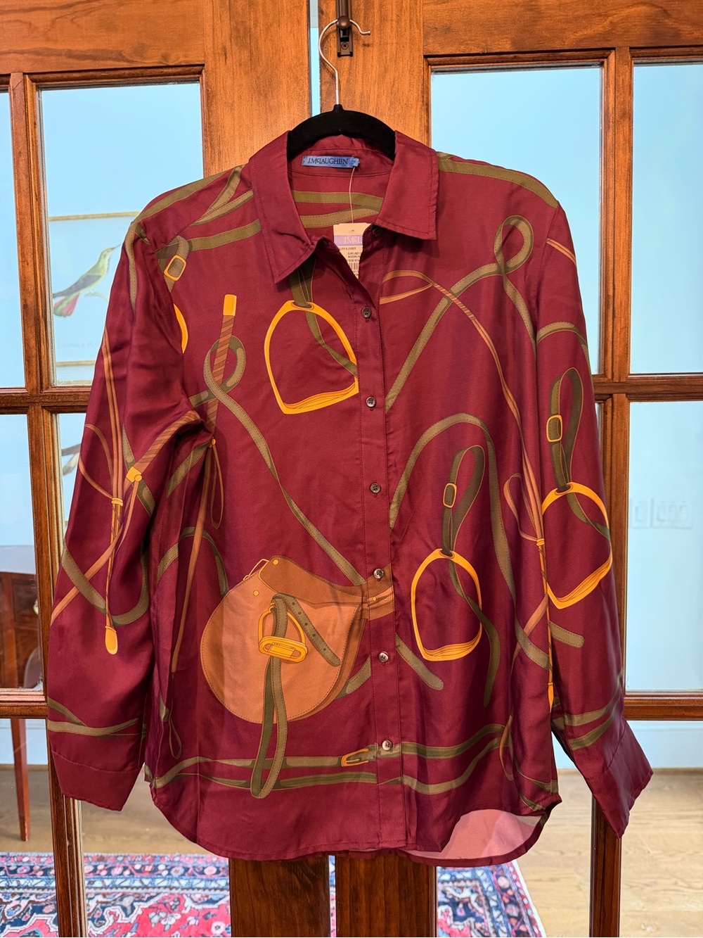J. McLaughlin Burgundy Satin Equestrian Print Blouse with Mustard Accents